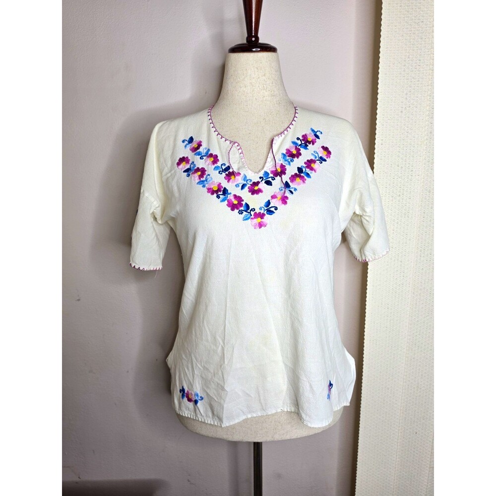 Women’s White Cotton Woven Tunic Blouse Floral Embroidered Split Neck Size S/M